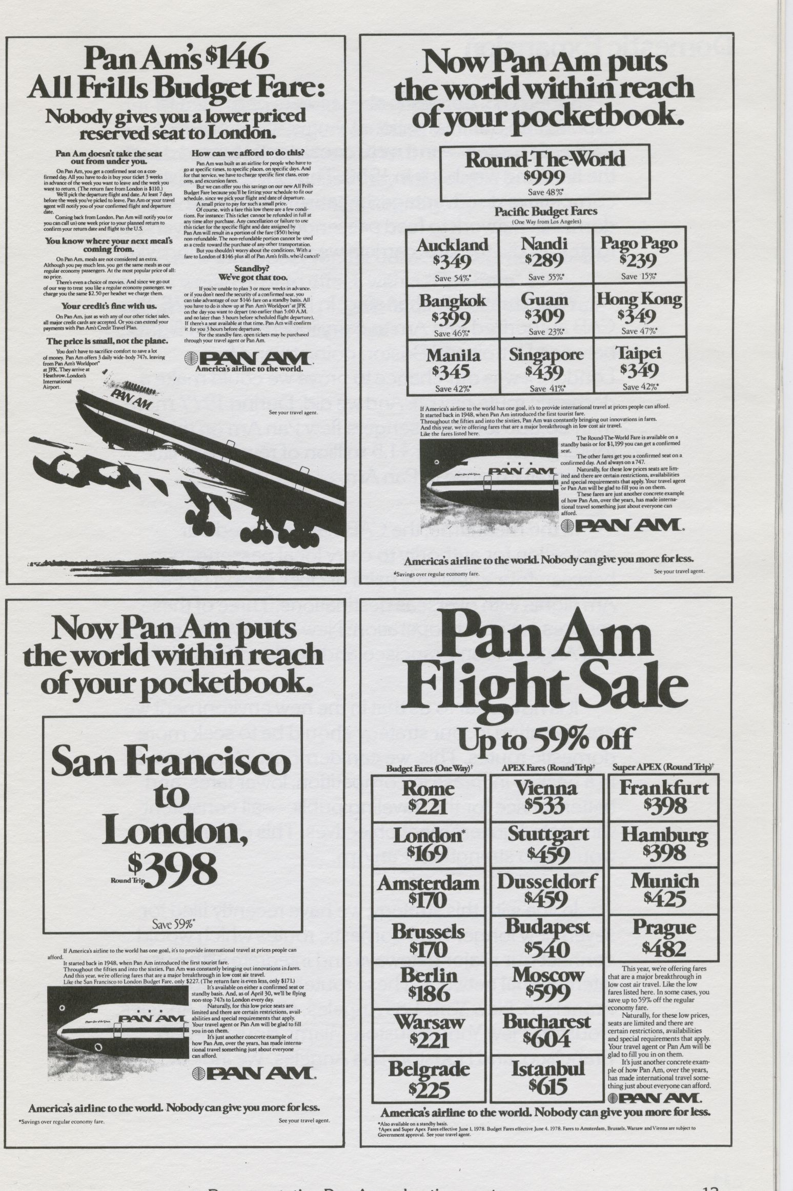 1978 Four reprints of Pan Am Newspaper ads.